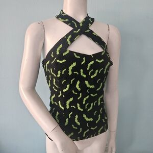 Unique Vintage Black and Green Bat Print Tank Top